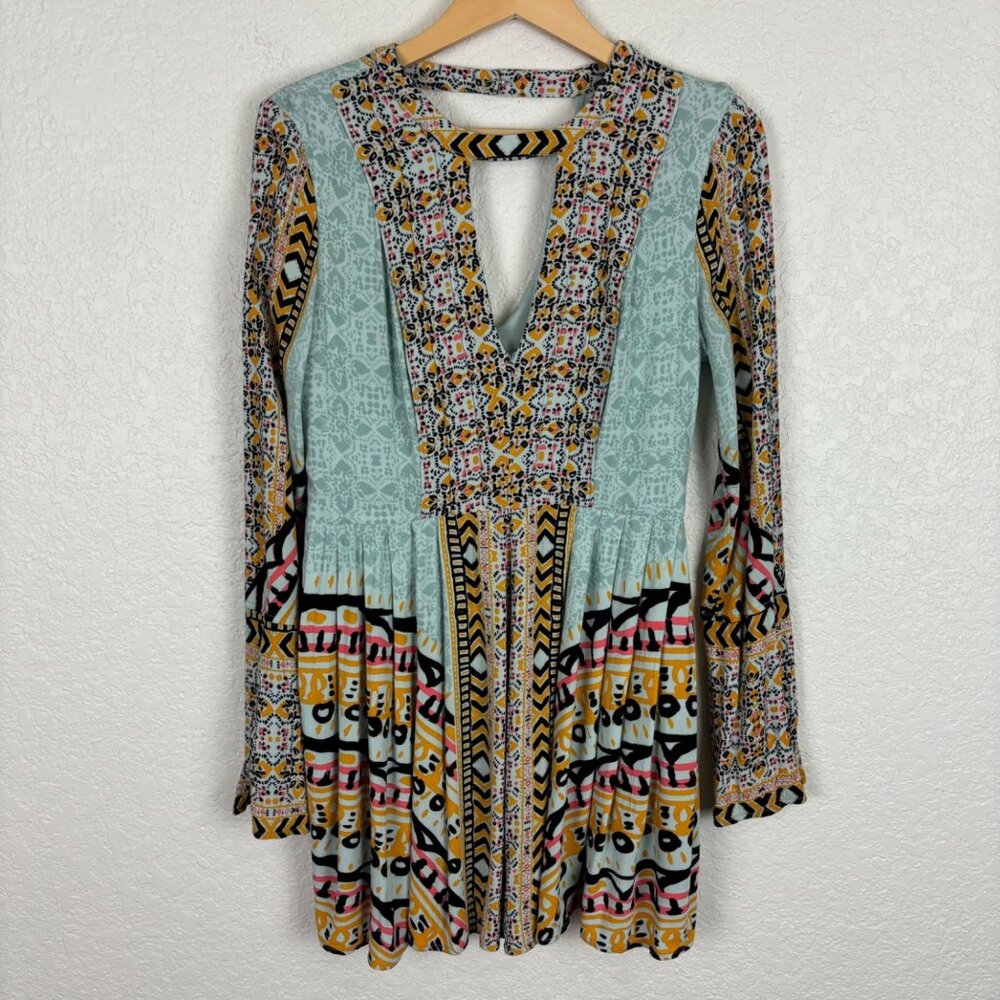 Free People Kegan Bohemian Mini Dress Geometric Print Keyhole Neckline Festival
